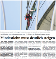 Cover der SoVD-Zeitung. Auf dem Foto ist eine Person zu sehen, die abgesichert an einer Hausfront aus Glas hängt. Die Headline zu dem Cover ist: Mindestlohn muss deutlich steigen