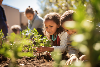 Auf dem Bild sind mehrere Kinder zu sehen, die in einem Garten arbeiten. Zwei Kinder im Vordergrund pflanzen junge Setzlinge in die Erde. Im Hintergrund sind weitere Personen zu erkennen, die ebenfalls im Garten beschäftigt sind. 