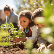 Auf dem Bild sind mehrere Kinder zu sehen, die in einem Garten arbeiten. Zwei Kinder im Vordergrund pflanzen junge Setzlinge in die Erde. Im Hintergrund sind weitere Personen zu erkennen, die ebenfalls im Garten beschäftigt sind.