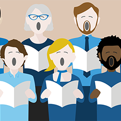 Das Bild zeigt eine Gruppe von neun stilisierten Personen, die in zwei Reihen stehen und singen. Jede Person hält ein aufgeschlagenes Notenblatt vor sich. Die Personen sind unterschiedlich gestaltet, mit verschiedenen Hauttönen, Haarfarben und Frisuren. Die Kleidung der Personen ist überwiegend in Blau- und Grautönen gehalten. Der Hintergrund ist beige.