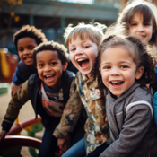 Auf dem Bild sind sechs fröhliche Kinder zu sehen, die eng beieinander stehen und in die Kamera lächeln. Sie befinden sich auf einem Spielplatz im Freien. Die Kinder tragen verschiedene farbenfrohe Kleidung. Im Hintergrund ist eine Holzkonstruktion zu erkennen.
