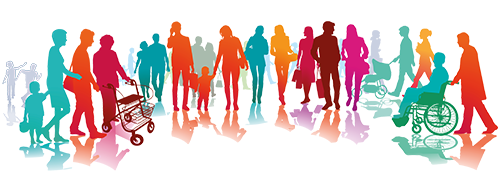Das Bild zeigt eine bunte Silhouette einer vielfältigen Gruppe von Menschen. Die Figuren sind in verschiedenen Farben wie Rot, Blau, Grün und Orange dargestellt und repräsentieren unterschiedliche Altersgruppen und Lebenssituationen. Einige Personen gehen zu Fuß, andere schieben Kinderwagen oder benutzen Rollstühle. Der Hintergrund ist weiß.