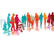 Das Bild zeigt eine bunte Silhouette einer vielfältigen Gruppe von Menschen. Die Figuren sind in verschiedenen Farben wie Rot, Blau, Grün und Orange dargestellt und repräsentieren unterschiedliche Altersgruppen und Lebenssituationen. Einige Personen gehen zu Fuß, andere schieben Kinderwagen oder benutzen Rollstühle. Der Hintergrund ist weiß.