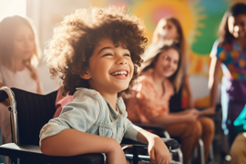 Ein Kind mit dunklem Haar und grauen Shirt sitzt in einem Rollstuhl und lacht herzlich. Im Hintergrund sind mehrere andere Kinder zu sehen, die ebenfalls lächeln. 