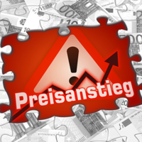 Das Bild zeigt ein rotes Puzzlespielteil, das aus einem Hintergrund aus Eurobanknoten herausragt. Auf dem Puzzleteil befindet sich ein schwarzes Ausrufezeichen in einem weißen Dreieck sowie der Schriftzug "Preisanstieg". Neben dem Wort ist ein Pfeil nach oben abgebildet. 